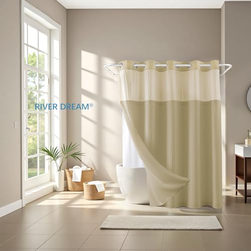 River Dream Linen Cotton Blend Fabric Shower Curtain Set with Liner, 71x74 | Waffle Weave, No Hook Needed, with Snap in Replacement Liner, Top Sheer Window, Hotel Quality Fabric for Bathroom - color: Linen, size: 71"W x 74"L (Pack of 1)