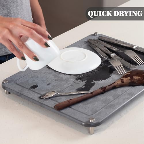 Stone Drying Mat for Kitchen Counter | Complete Set 6pc | Quick Dry Stone | Diatomaceous Earth Dish Drying Mat | Includes a Bathroom Counter Tray & 4 Coasters