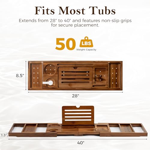 Teak Bathtub Tray for Tub, Expandable Bath Tray 28–40in, Foldable Bathtub Caddy with Wine Glass Holder, Phone & Book Stand, Wooden Bath Tray Organizer, Luxury Bathroom Accessories Gift - Light Walnut - color: Light Walnut - Solid Teak Wood