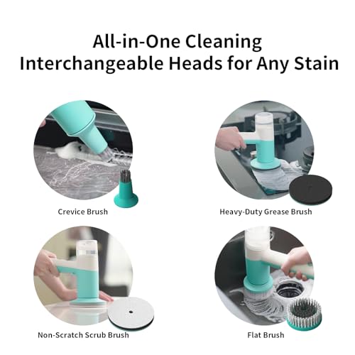 Dual-Rotation Electric Spin Scrubber, Cordless Shower Scrubber - IPX5 Waterproof Multi-Surface Cleaning Brush for Bathroom, Kitchen, Tile, Glass & More - Includes 4 Brush Heads
