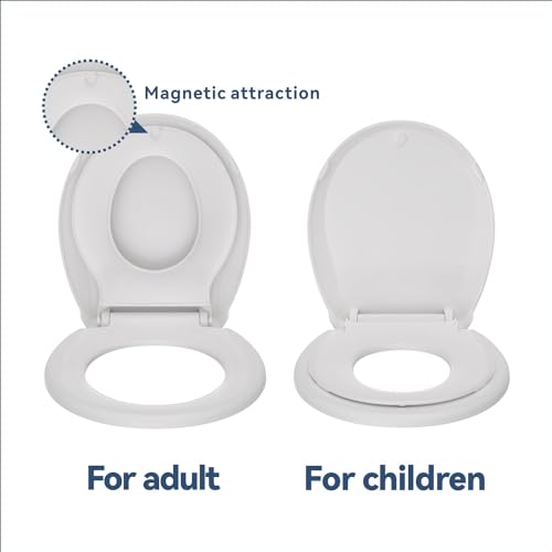 JINGZE Round Toddler Toilet Seat Adult/Child,Built-In Potty Training Seat, Soft Quiet Close Non-Slip Seat, Easy to Install & Clean,Magnetic Kids Seat and Cover,White - color: White, size: Round 16.5inch with Baby Seat