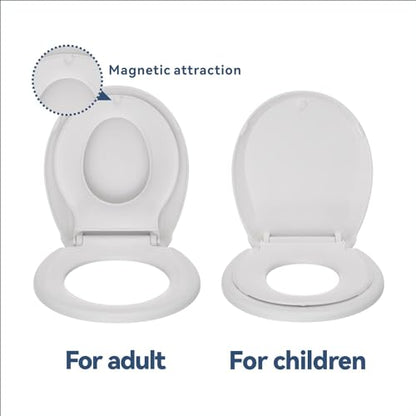JINGZE Round Toddler Toilet Seat Adult/Child,Built-In Potty Training Seat, Soft Quiet Close Non-Slip Seat, Easy to Install & Clean,Magnetic Kids Seat and Cover,White - color: White, size: Round 16.5inch with Baby Seat