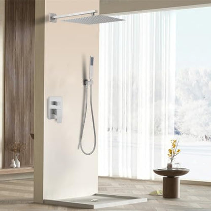 Brushed Nickel Shower System 16 Inch Bathroom Luxury Rain Mixer Shower Combo Set Wall Mounted Rainfall Shower Head and Handheld System Shower Faucet Set Rough-in Valve Body and Trim Kit - color: Brushed Nickel, size: 16 Inch