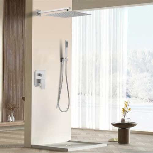 Brushed Nickel Shower System 16 Inch Bathroom Luxury Rain Mixer Shower Combo Set Wall Mounted Rainfall Shower Head and Handheld System Shower Faucet Set Rough-in Valve Body and Trim Kit - color: Brushed Nickel, size: 16 Inch