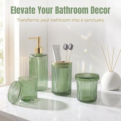 Green Bathroom Accessories Set 4 Pcs, Glass Bathroom Set | Bathroom Accessories Includes Soap dispenser, Toothbrush holder & Qtip holders, Modern Bathroom Decor, Housewarming Gift Set - style: 4 pcs Green