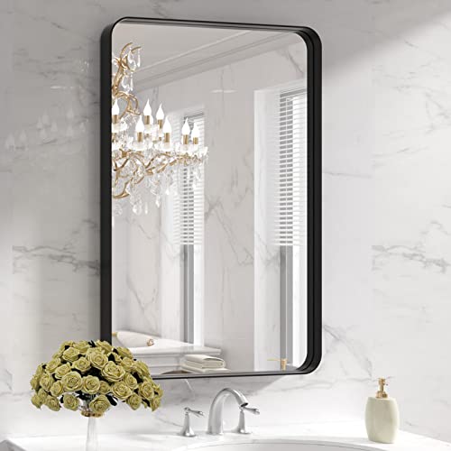 LOAAO 28X36 Inch Black Bathroom Mirror Metal Framed | Matte Black, Rounded Rectangle, Anti-Rust, Hangs Horizontally or Vertically - color: Black, size: 28"L x 36"W