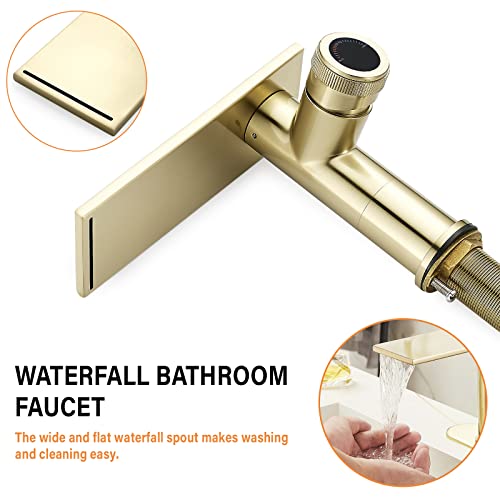 becola Modern Brushed Gold Bathroom Faucet，Waterfall Faucet for Bathroom Sink，Single Hole Cold and Hot Basin Mixer Tap，Single Handle Vanity Faucet with Adjust Knobs and Deck Plate - color: Brushed gold, size: low