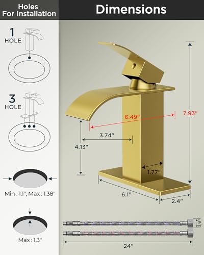 FORIOUS Bathroom Faucet 1 Hole, Waterfall Vanity Sink Faucet Brushed Gold | Bathroom Sink Faucet 1 or 3 Hole, Square Single Handle with 24" cUPC Supply Line and Pop-up Drain, Fits RV Restroom Basin - color: Brushed Gold