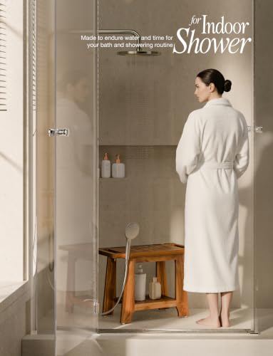 TINAMO 22”L Shower Bench for Inside Shower with Shower Holder, Holds 400LBS | Teak Wood, 400 LBS Capacity, Slatted Design, Built-In Shelf, Handles & Shower Holder, Non-Slip, Water-Resistant, Versatile
