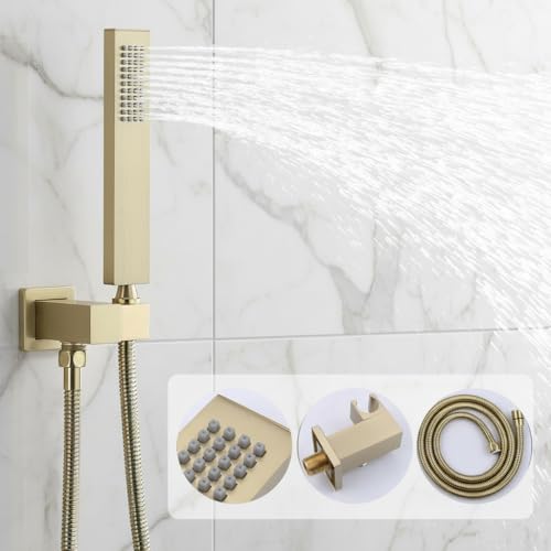 Brushed Gold Shower System with 3 Rain Shower Head(12+8+8 inch), Handheld Spray, 4 Way Smart Temperature Display Shower Faucet set - color: Brushed Gold, size: 12+8+8 inch
