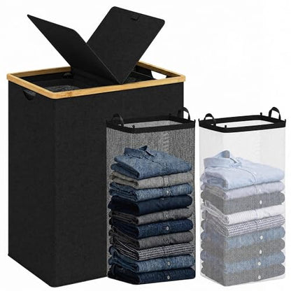 efluky Laundry Hamper with Lid, Double Laundry Basket with 2 Removable Bags, 2 Section Laundry Bin with Bamboo Handles for Bathroom, Bedroom & Laundry Room, 170L (44.9 Gallon) Black - color: Black, size: 170L Dual