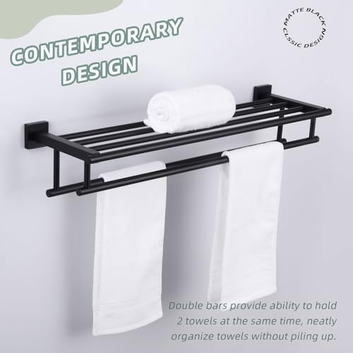 Angle Simple Bath Towel Shelf with 2 Holders, Matte Black, 27.56 Inches | Stainless Steel Bathroom Towel Rack with Double Bars, Extra Storage Space, Screw Wall Mount - color: Matte Black, size: 27.56-Inch