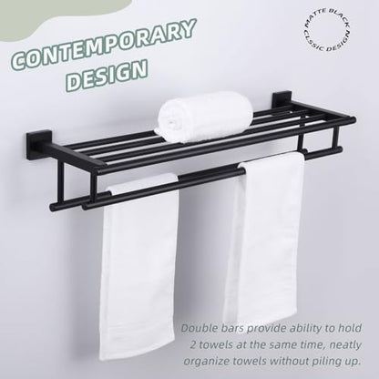 Angle Simple Bath Towel Shelf with 2 Holders, Matte Black, 27.56 Inches | Stainless Steel Bathroom Towel Rack with Double Bars, Extra Storage Space, Screw Wall Mount - color: Matte Black, size: 27.56-Inch