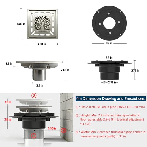 4 Inch Shower Drain, Square Shower Floor Drain Kit with Flange and Removable Cover Grate, AISI 304 Stainless Steel, Brushed Nickel - color: Brushed Nickel, size: 4 inches