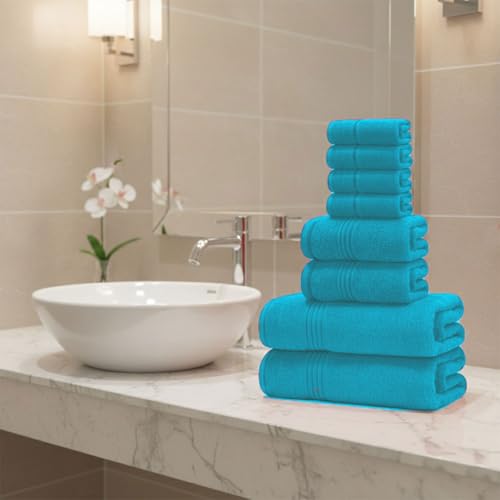 8 Piece Bath Towels for Bathroom - 100% Cotton, Soft Absorbent Bathroom Towels Set - 2 Extra Large Bath Towels, 2 Hand Towels & 4 Washcloths - Hotel Spa Thick Plush Towel, Turquoise - color: Turquoise (Pack of 8)