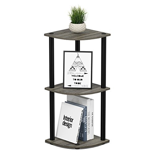 Furinno TURN-N-TUBE Corner Shelf, 3-Tier Corner Bookshelf, Display Storage Shelves with Open Shelves, for Organization and Storage, Living Room, Home Office, Garage, French Oak - color: French Oak Grey/Black, size: 3-Tier Round Tube