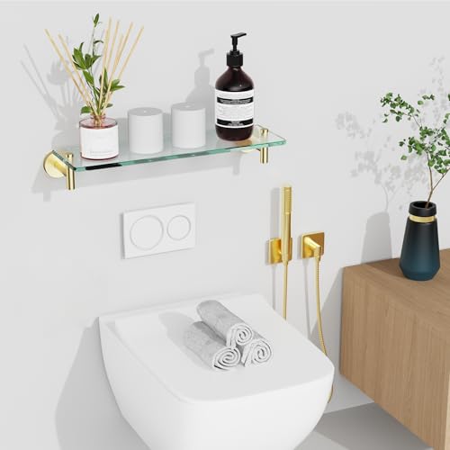 Glass Shelves for Bathroom,16-Inch Brushed Gold Floating Bathroom Shelf Stainless Steel Tempered Glass Shelf Modern Shelves wall Mounted - color: Brushed Gold, size: 16"without railing
