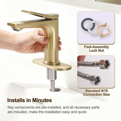 Rbrohant Single Hole Bathroom Faucet, Brushed Gold Single Handle Bathroom Sink Faucets for 1 Hole or 3 Hole, Bathroom Vanity Faucet with Pop up Drain and Cover Plate, Deck Mount, R2001-BGP - color: Brushed Gold, style: With Escutcheon