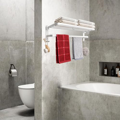 TocTen Towel Rack for Bathroom, Foldable Towel Holder with Double Towel Bars, Wall Mounted SUS304 Stainless Steel Bathroom Tower Shelf, Space-Saving Towel Hanger for Bathroom, Lavatory (Silver,24 in) - color: Silver