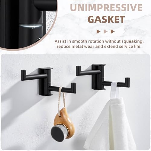 Suyar Double Towel Hook Matte Black, Bathroom Wall Hook, Swivel Robe Holder | SUS304 Stainless Steel Coat Towel Holder with 2 Foldable Arms, Swivel Towel Rack Space Saving Wall Mounted, 2 Pack - color: Matte Black, size: 2 Pack
