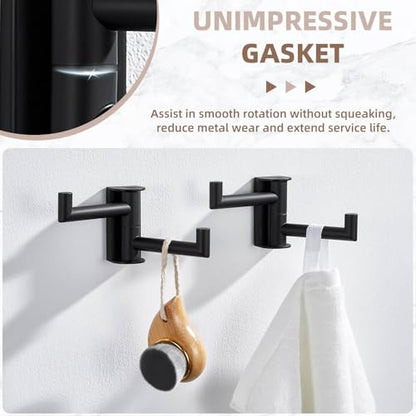 Suyar Double Towel Hook Matte Black, Bathroom Wall Hook, Swivel Robe Holder | SUS304 Stainless Steel Coat Towel Holder with 2 Foldable Arms, Swivel Towel Rack Space Saving Wall Mounted, 2 Pack - color: Matte Black, size: 2 Pack