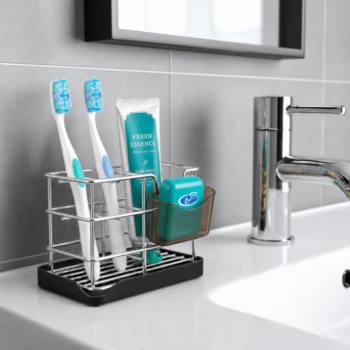 HBlife Toothbrush Holders for Bathrooms Silver, Small Stainless Steel Bathroom Toothbrush Holder with Tray, Bathroom Accessories and Apartment Essentials - color: Silver