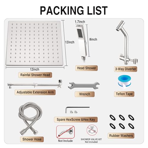 All Metal 12 Inch Rain Shower Head with Handheld Built-in Power Wash Mode, High Pressure Waterfall Rainfall Square Shower Heads with 16" Adjustable Extension Arm, Dual Showerhead(Brushed Nickel) - color: Brushed Nickel, size: 12 Inch