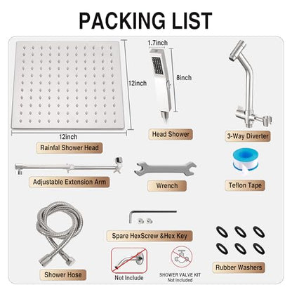 All Metal 12 Inch Rain Shower Head with Handheld Built-in Power Wash Mode, High Pressure Waterfall Rainfall Square Shower Heads with 16" Adjustable Extension Arm, Dual Showerhead(Brushed Nickel) - color: Brushed Nickel, size: 12 Inch