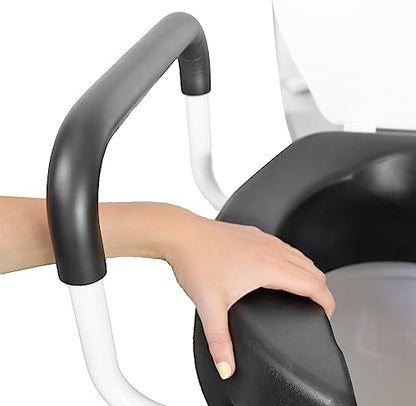 KMINA 4 Inch Soft Raised Toilet Seat with Handles and Lid, 220 lb Capacity, Fits Round & Compact Elongated Bowls up to 15" Wide, Tool-Free Clamp-On Riser, Black | Toilet Booster for Elderly, Seat Adapter with Armrests, Soft Foam, Adjustable Anchors, Easy