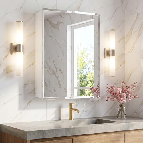 Bathroom Medicine Cabinet, 16x26 inch Medicine Cabinet with Mirror, Rectangular Beveled Frameless Mirror, Recess or Surface Mount Installation - size: CM1014-1626