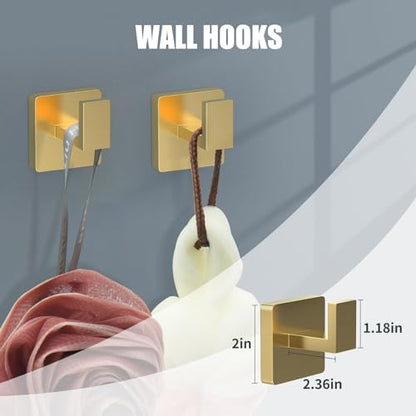 5 Piece Gold Towel Bar Set Bathroom Hardware Set Gold Bathroom Accessories Set with 2 Towel Hook, Stainless Steel Wall Mounted Bathroom Towel Rack Set Square 16-Inch - color: Brushed Gold, size: 16 IN