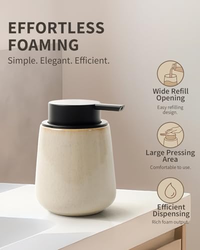 Bosilunlife 12Oz Ceramic Foam Soap Dispenser for Bathroom Kitchen Counter | Premium countertop foam pump creates delicate dense foam, stable desktop placement, Greige with Speckle - color: Greige