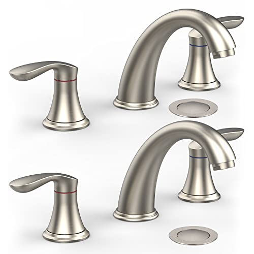 Bathroom Sink Faucet, Faucet for Bathroom Sink, Widespread Brushed Nickel Bathroom Faucet 3 Hole with Plastic Pop Up Drain and cUPC Lead-Free Hose - (Brushed Nickel 2 Packs) - color: Brushed Nickel, size: 8 inch 2 packs