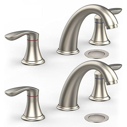 Bathroom Sink Faucet, Faucet for Bathroom Sink, Widespread Brushed Nickel Bathroom Faucet 3 Hole with Plastic Pop Up Drain and cUPC Lead-Free Hose - (Brushed Nickel 2 Packs) - color: Brushed Nickel, size: 8 inch 2 packs