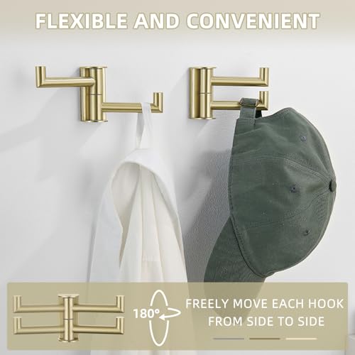 Angle Simple Swivel Hooks, Robe Towel Hook Brushed Gold, 2 Pack | Sturdy SUS304 Stainless Steel, Foldable Hand Towel Holder for Bathroom Kitchen Closet RV, Screws Wall Mount - color: Brushed Gold, size: 2 Pack