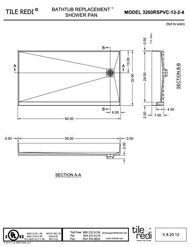 Tile Redi 3260RSPVC-13-2-4 Shower Pan with Right Drain- Single Curb Shower Base, 2" PVC Drain, and Plate Included, 60" Width x 32" Depth - size: 60" W x 32" D, style: Right Round Drain Plate 13" from Back