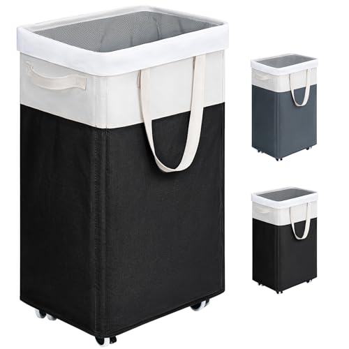 Goodpick 75L Rolling Laundry Basket with Wash Bag, Laundry Hamper for Dorm | Laundry Hamper with Wheels & Handles for Dirty Clothes, Clothes Hamper, Dorm Room Essentials, Black & White - color: Black & White