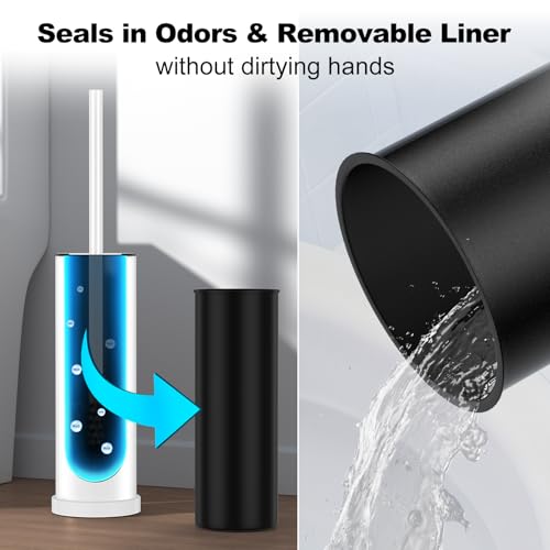 White Toilet Brush and Holder Set，Stainless Steel Heavy Duty Toilet Bowl Brush，Extra Long Handled Modern Toilet Cleaner Brush with Replaceable Head, Removable Inner Bowl, and Splash Protection - color: White, size: 1 Pack