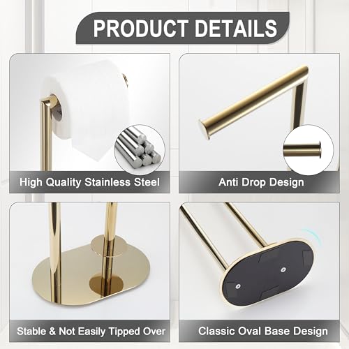 Gold Freestanding Toilet Paper Holder with Reserve for Bathroom with Weighted Base, Modern Tissue Roll Holder Stand - color: Gold