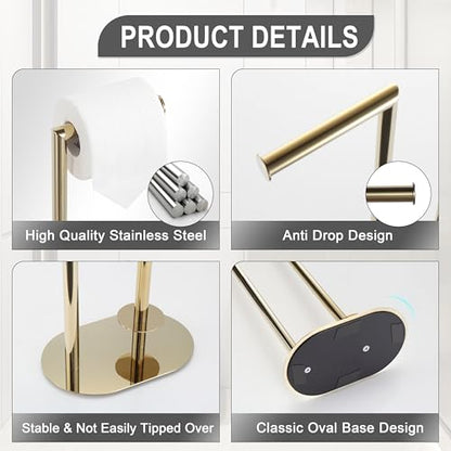 Gold Freestanding Toilet Paper Holder with Reserve for Bathroom with Weighted Base, Modern Tissue Roll Holder Stand - color: Gold