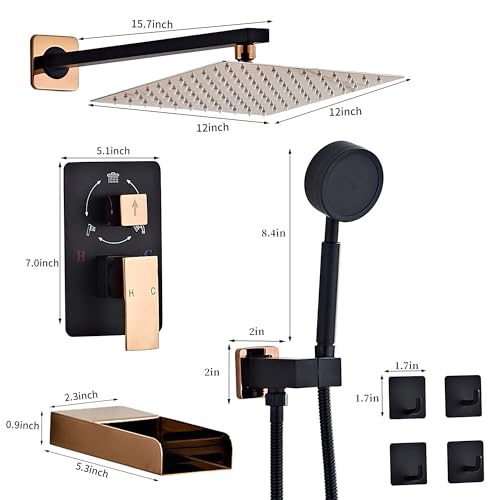 Black Gold Shower Tub Faucet Set, Wall Mounted 12 Inch Shower Heads with Handheld Spray Combo and Tub Shower Faucet, Luxury Bathroom Square Rain Shower System - 4 Hooks - color: Black Gold, style: 12 Inch with Tub Spout