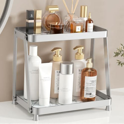 2-Tier Acrylic Bathroom Vanity Organizer, Silver | Bathroom Counter Storage Shelf with Marble-Look Tray, Holds Cosmetics, Perfume, Makeup & Skincare Products - color: Silver