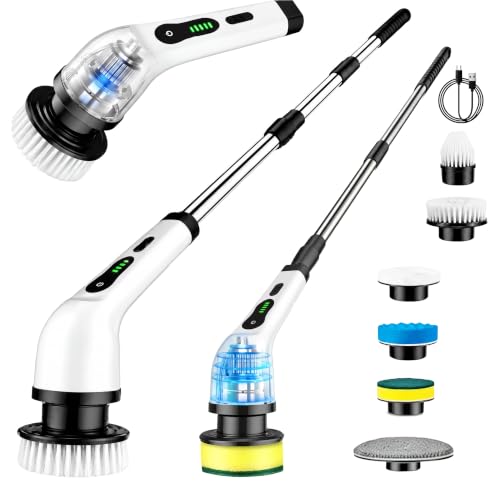 Electric Spin Scrubber, 6 Replaceable Heads,IPX7,Telescoping Handle | Cordless & Rechargeable, 2-Speed Powerful Scrubbing, Perfect for Bathroom, Kitchen & Car Cleaning