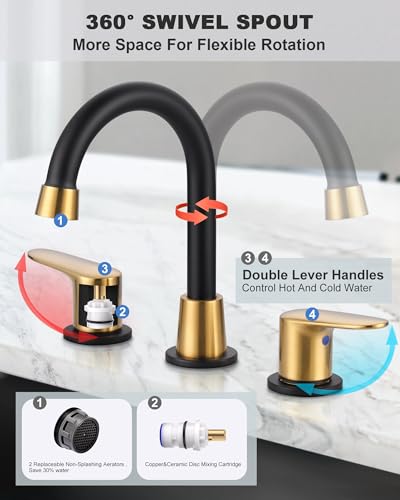 Bathroom Sink Faucet 3 Hole, 8 Inch Widespread Vanity Sink Faucets | Metal Zinc Alloy Gold&Black Bathroom Sink Faucet with Swivel Spout, Two Handles Lead-Free Tap with Drain and cUPC Supply Line - color: Black & Gold