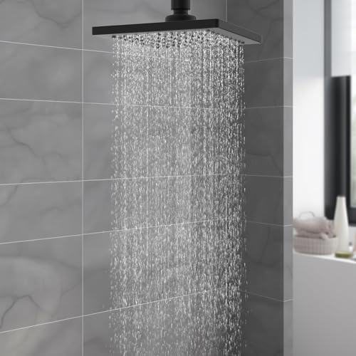 Hibbent cUPC Certified Thickness Metal 6'' Rain Shower Head, Matte Black | High Pressure Shower Head, Bathroom Waterfall Shower Heads, High Flow Fixed Showerheads with Adjustable Brass Ball Joint - color: Matte Black, style: Square 6''