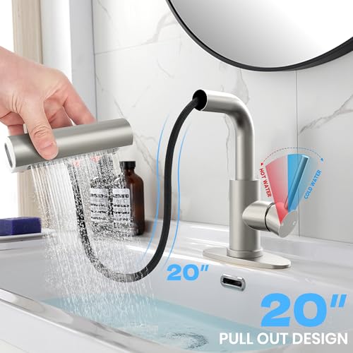 Brushed Nickel Bathroom Faucet with Sprayer - Brushed Nickel Bathroom Faucets for Sink 1 Hole or 3 Holes, 4 Mode Single Handle Vanity Faucet Waterfall Bathroom Faucet with Pull Down Sprayer (No Drain) - color: Brushed Nickel