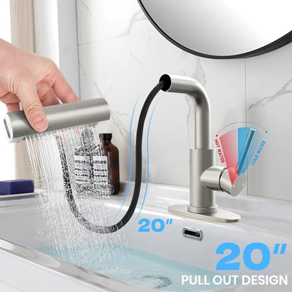 Brushed Nickel Bathroom Faucet with Sprayer - Brushed Nickel Bathroom Faucets for Sink 1 Hole or 3 Holes, 4 Mode Single Handle Vanity Faucet Waterfall Bathroom Faucet with Pull Down Sprayer (No Drain) - color: Brushed Nickel