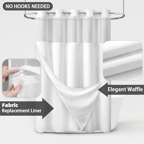 No Hook Shower Curtain with Liner Set Hotel Waffle Curtain White 48W X 75L | Washable Snap in Fabric Liner, Mesh Top Window, Waffle Hotel Style Shower Curtain Set - color: White, size: Small Stall 48"W x 75"L