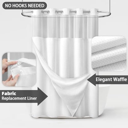 No Hook Shower Curtain with Liner Set Hotel Waffle Curtain White 48W X 75L | Washable Snap in Fabric Liner, Mesh Top Window, Waffle Hotel Style Shower Curtain Set - color: White, size: Small Stall 48"W x 75"L
