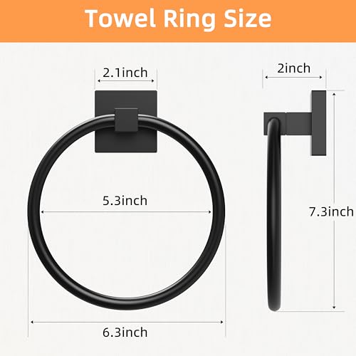 RUACQ Towel Ring, Hand Towel Holder for Bathroom Wall, Matte Black | Wall Mounted Hand Towel Bar, 304 Stainless Steel Towel Hanger, Square Base, Round Towel Holder Design, Modern, Heavy Duty - color: Black, size: 1